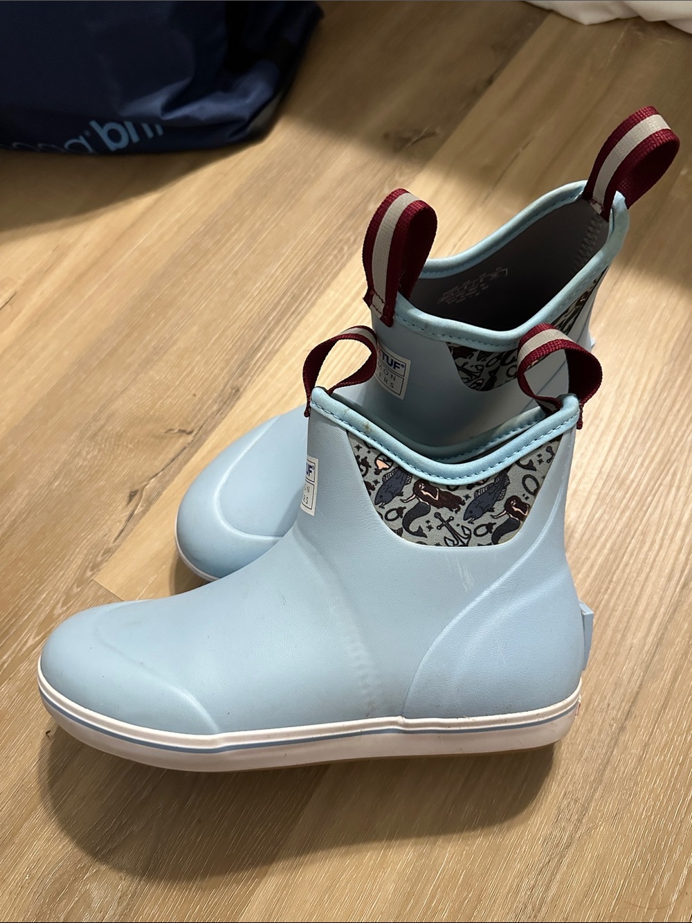 Womens Light Blue Waterproof Rain Boots with Maroon Pull Tabs